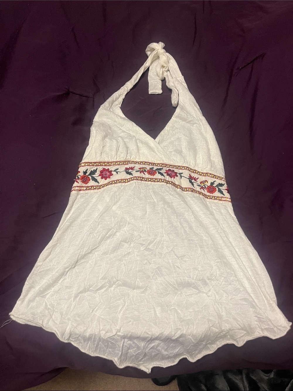 White Halter Tank Top with Embroidered and Beaded Floral Band